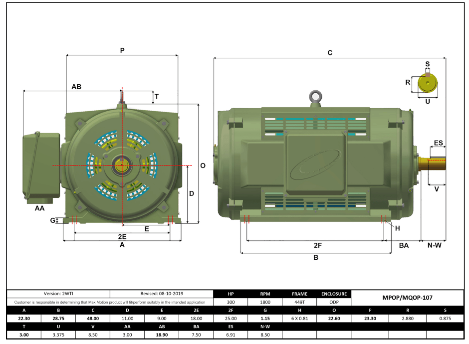 T-Frame Motor 300HP, 1800RPM, 575V, Frame 449T, ODP, Cast Iron | MPOP-107 - Forces Inc