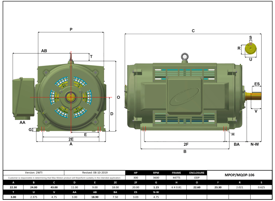 T-Frame Motor 300HP, 3600RPM, 460V, Frame 447TS, ODP, Cast Iron | MQOP-106 - Forces Inc