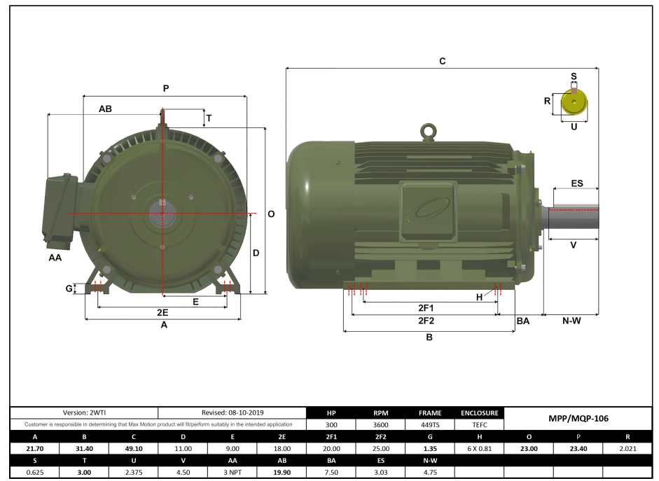 T-Frame Motor 300HP, 3600RPM, 460V, Frame 449TS, TEFC, Cast Iron | MQP-106 - Forces Inc