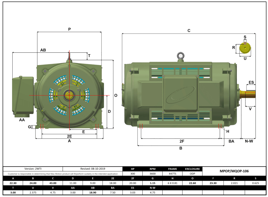 T-Frame Motor 300HP, 3600RPM, 575V, Frame 447TS, ODP, Cast Iron | MPOP-106 - Forces Inc