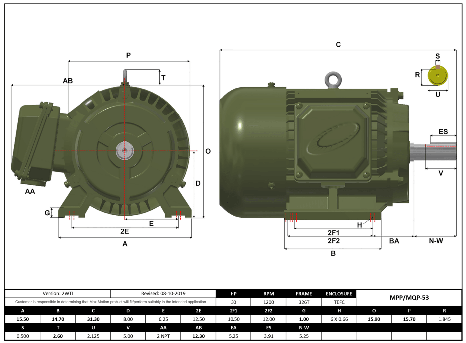 T-Frame Motor 30HP, 1200RPM, 208-230/460V, Frame 326T, TEFC, Cast Iron | MQP-53 - Forces Inc
