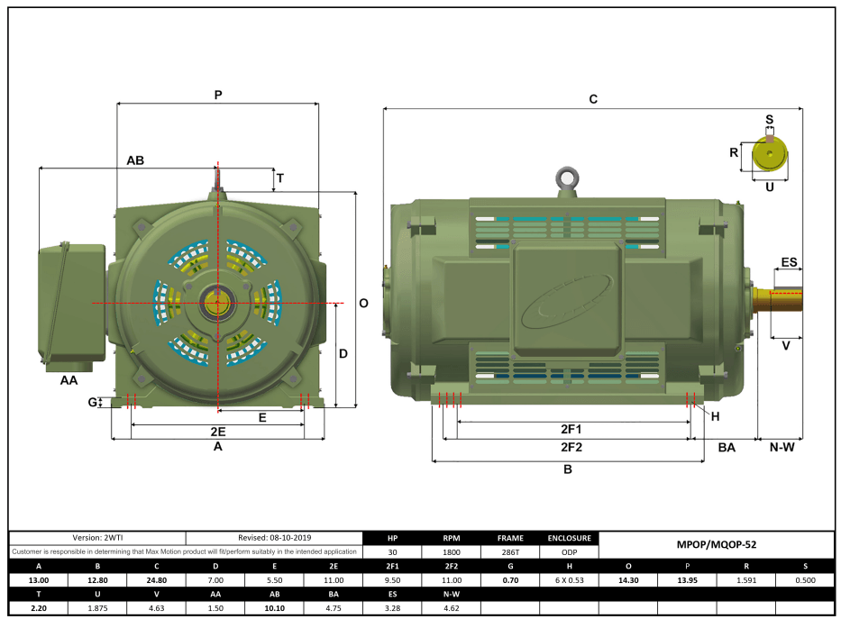 T-Frame Motor 30HP, 1800RPM, 208-230/460V, Frame 286T, ODP, Cast Iron | MQOP-52 - Forces Inc