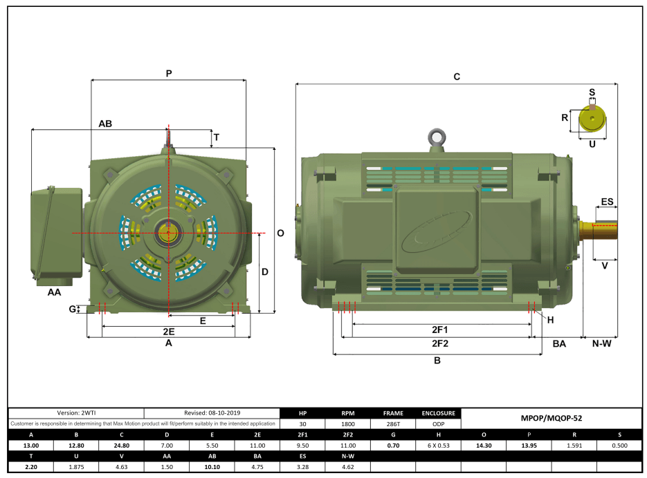 T-Frame Motor 30HP, 1800RPM, 575V, Frame 286T, ODP, Cast Iron | MPOP-52 - Forces Inc