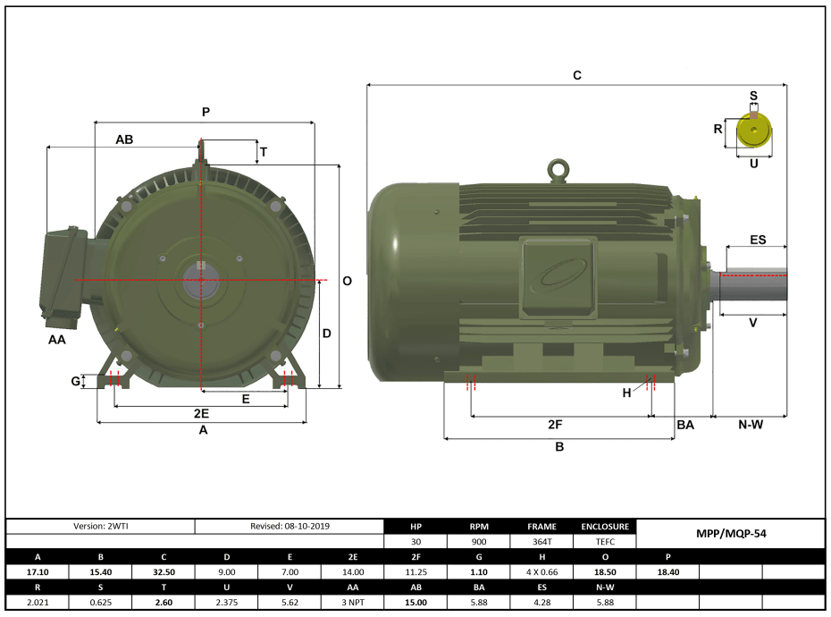 T-Frame Motor 30HP, 900RPM, 575V, Frame 364T, TEFC, Cast Iron | MPP-54 - Forces Inc