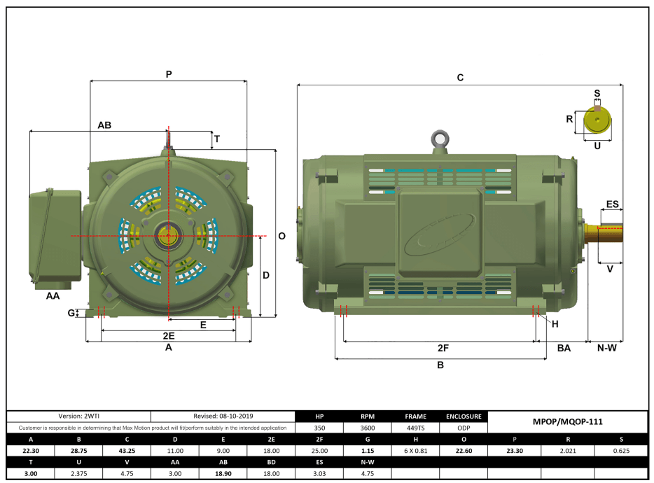 T-Frame Motor 350HP, 3600RPM, 460V, Frame 449TS, ODP, Cast Iron | MQOP-111 - Forces Inc