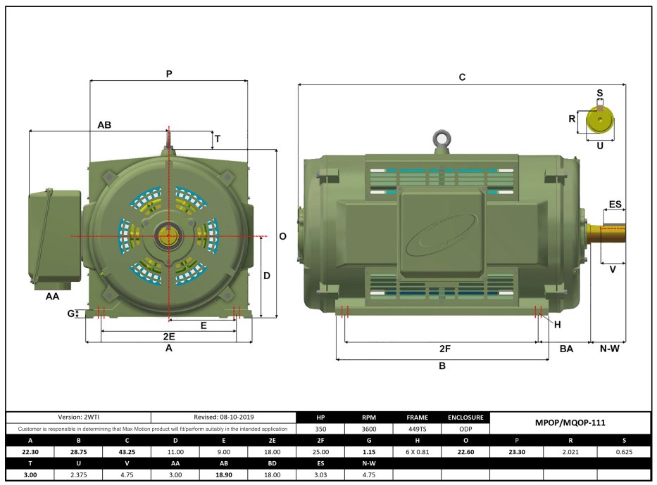 T-Frame Motor 350HP, 3600RPM, 575V, Frame 449TS, ODP, Cast Iron | MPOP-111 - Forces Inc