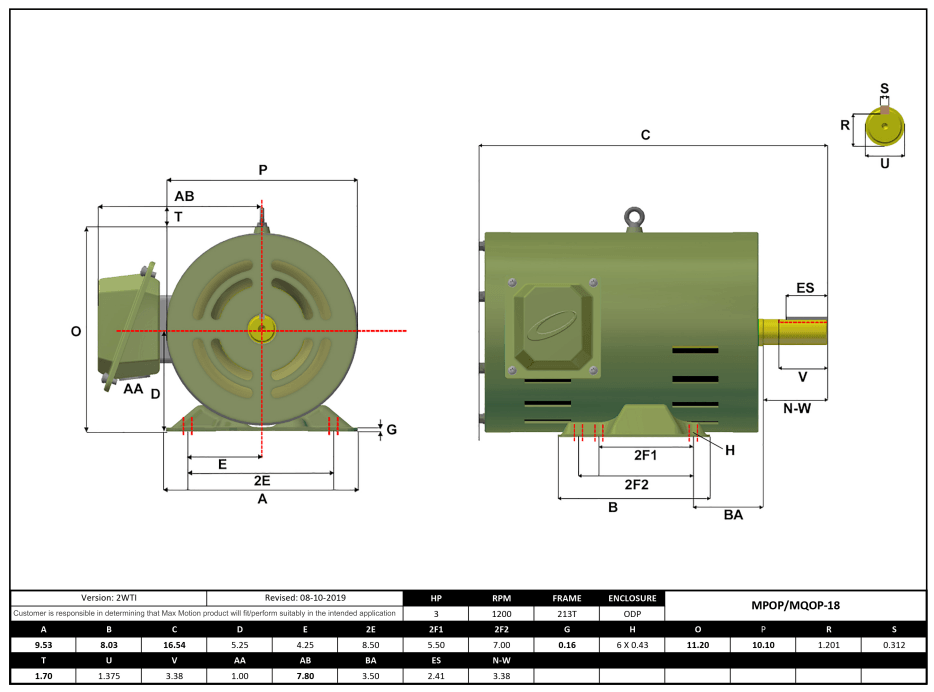 T-Frame Motor 3HP, 1200RPM, 208-230/460V, Frame 213T, ODP, Rolled Steel | MQOP-18 - Forces Inc