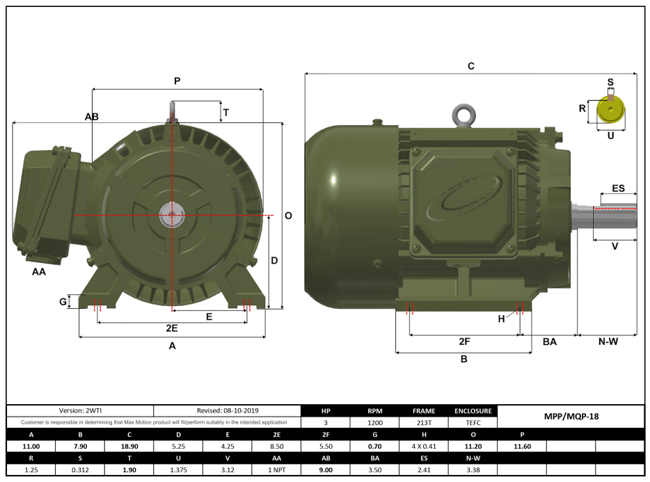 T-Frame Motor 3HP, 1200RPM, 208-230/460V, Frame 213T, TEFC, Cast Iron | MQP-18 - Forces Inc