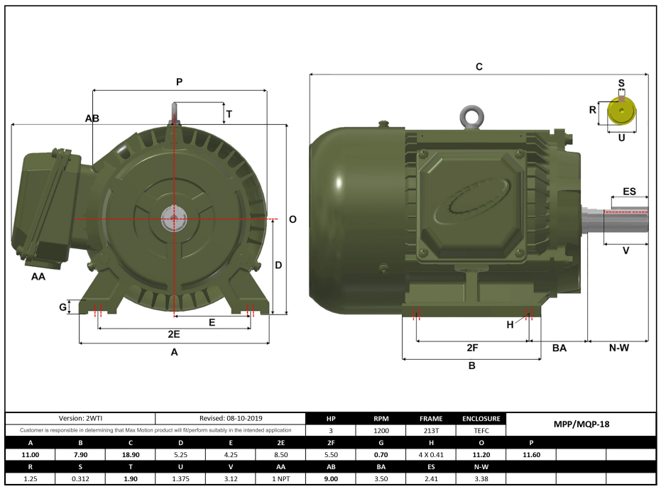 T-Frame Motor 3HP, 1200RPM, 575V, Frame 213T, TEFC, Cast Iron | MPP-18 - Forces Inc