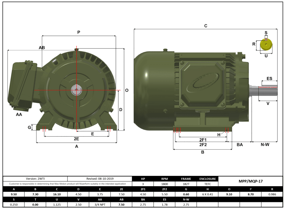 T-Frame Motor 3HP, 1800RPM, 575V, Frame 182T, TEFC, Cast Iron | MPP-17 - Forces Inc
