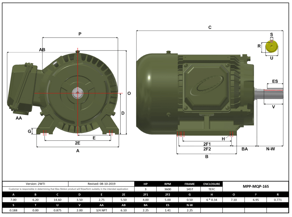 T-Frame Motor 3HP, 3600RPM, 208-230/460V, Frame 145T, TEFC, Cast Iron | MQP-16S - Forces Inc
