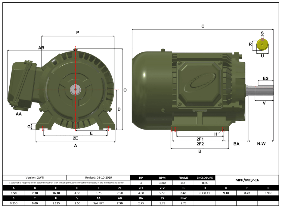 T-Frame Motor 3HP, 3600RPM, 208-230/460V, Frame 182T, TEFC, Cast Iron | MQP-16 - Forces Inc