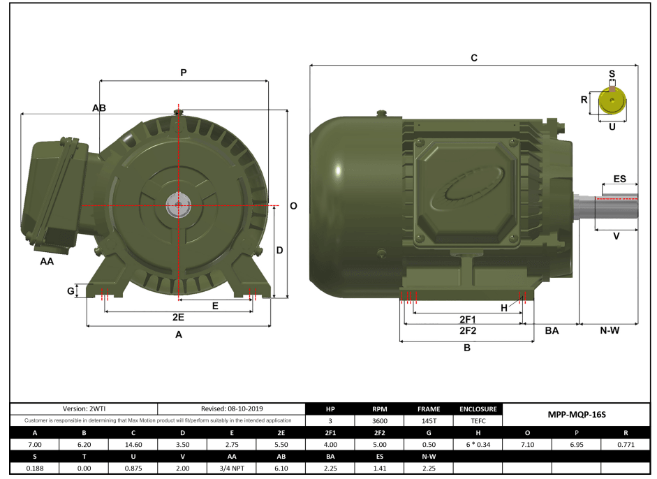 T-Frame Motor 3HP, 3600RPM, 575V, Frame 145T, TEFC, Cast Iron | MPP-16S - Forces Inc
