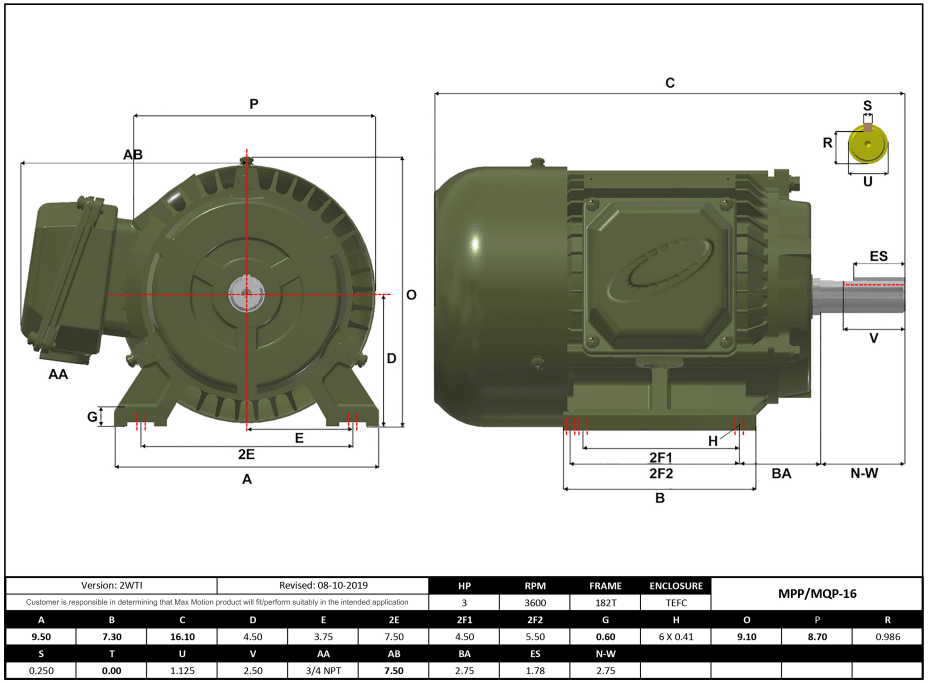 T-Frame Motor 3HP, 3600RPM, 575V, Frame 182T, TEFC, Cast Iron | MPP-16 - Forces Inc