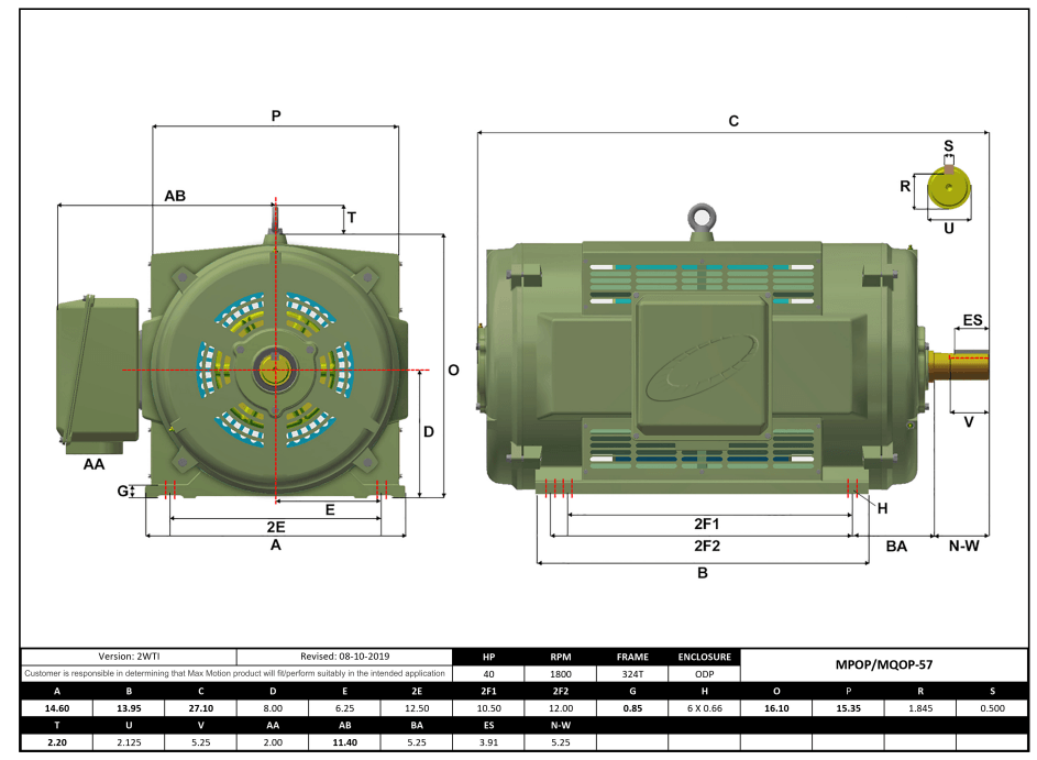 T-Frame Motor 40HP, 1800RPM, 208-230/460V, Frame 324T, ODP, Cast Iron | MQOP-57 - Forces Inc