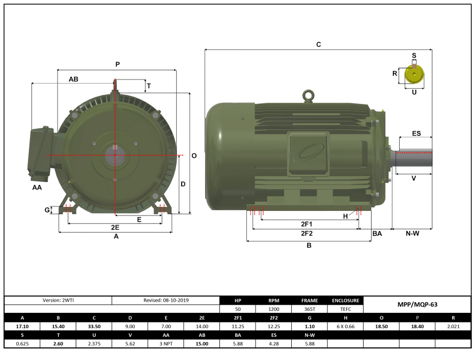 T-Frame Motor 50HP, 1200RPM, 208-230/460V, Frame 364T, TEFC, Cast Iron | MQP-63 - Forces Inc