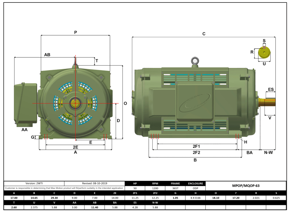 T-Frame Motor 50HP, 1200RPM, 208-230/460V, Frame 365T, ODP, Cast Iron | MQOP-63 - Forces Inc