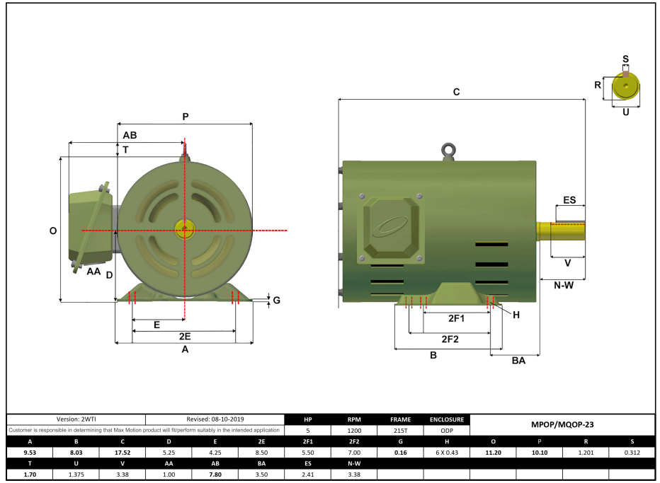 T-Frame Motor 5HP, 1200RPM, 208-230/460V, Frame 215T, ODP, Rolled Steel | MQOP-23 - Forces Inc
