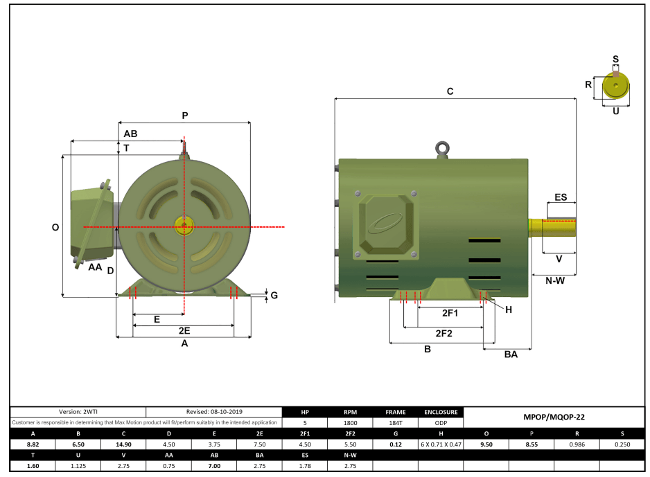 T-Frame Motor 5HP, 1800RPM, 208-230/460V, Frame 184T, ODP, Rolled Steel | MQOP-22 - Forces Inc