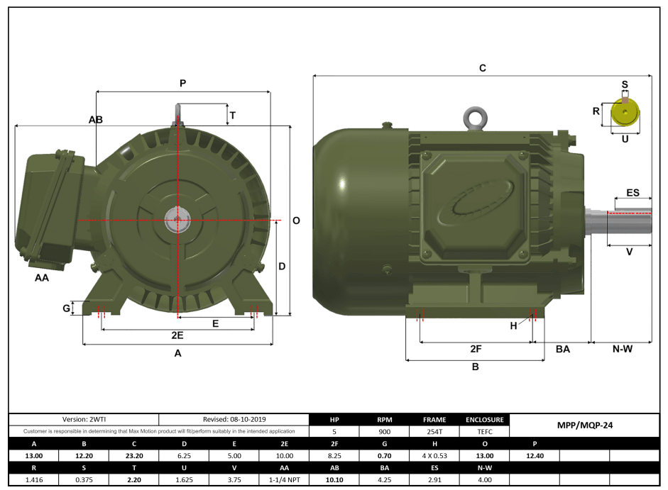 T-Frame Motor 5HP, 900RPM, 208-230/460V, Frame 254T, TEFC, Cast Iron | MQP-24 - Forces Inc