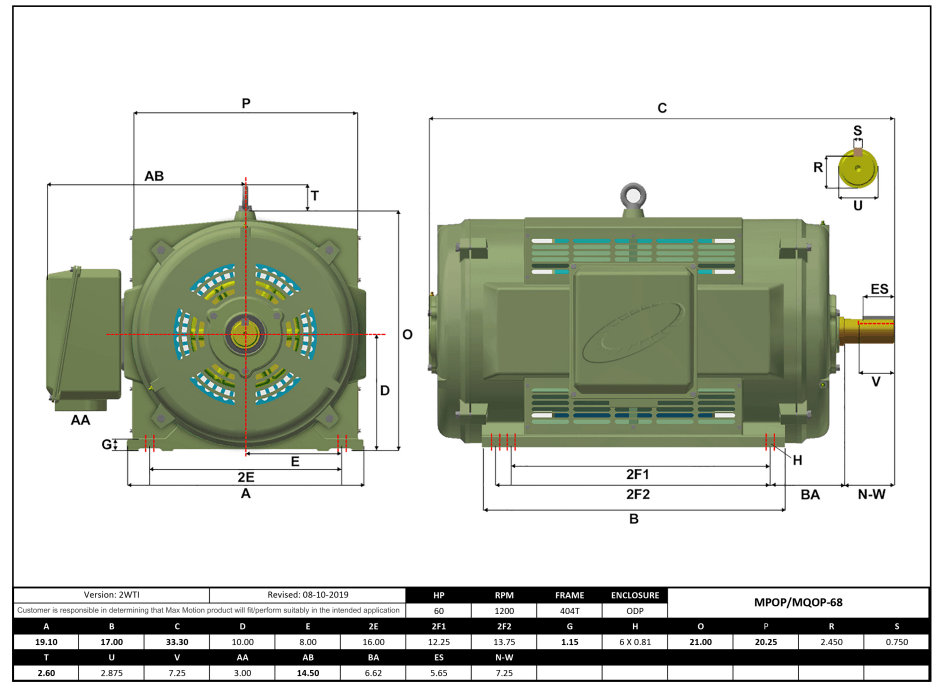 T-Frame Motor 60HP, 1200RPM, 575V, Frame 405T, ODP, Cast Iron | MPOP-68 - Forces Inc