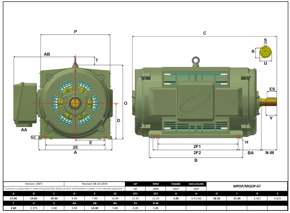 T-Frame Motor 60HP, 1800RPM, 208-230/460V, Frame 364T, ODP, Cast Iron | MQOP-67 - Forces Inc