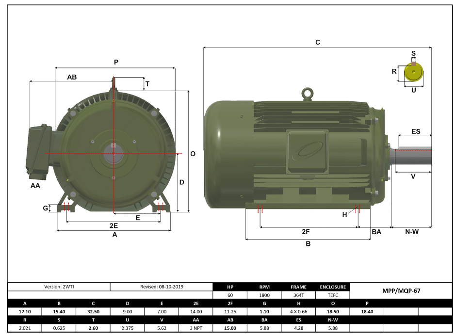 T-Frame Motor 60HP, 1800RPM, 208-230/460V, Frame 364T, TEFC, Cast Iron | MQP-67 - Forces Inc