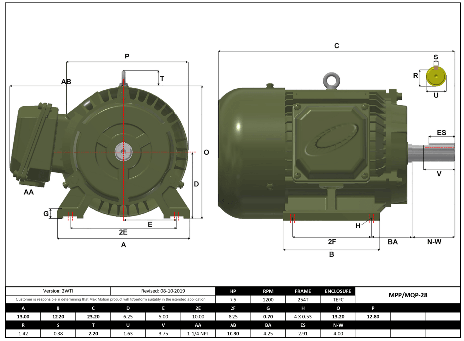 T-Frame Motor 7.5HP, 1200RPM, 575V, Frame 254T, TEFC, Cast Iron | MPP-28 - Forces Inc
