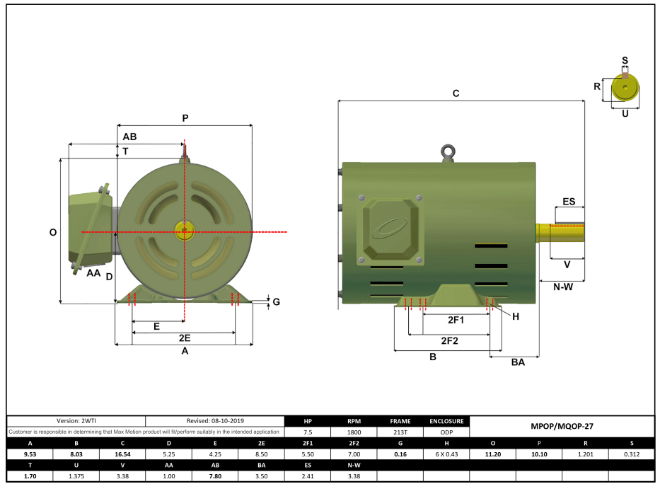 T-Frame Motor 7.5HP, 1800RPM, 575V, Frame 213T, ODP, Rolled Steel | MPOP-27 - Forces Inc