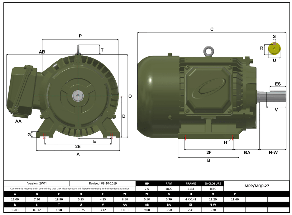 T-Frame Motor 7.5HP, 1800RPM, 575V, Frame 213T, TEFC, Cast Iron | MPP-27 - Forces Inc