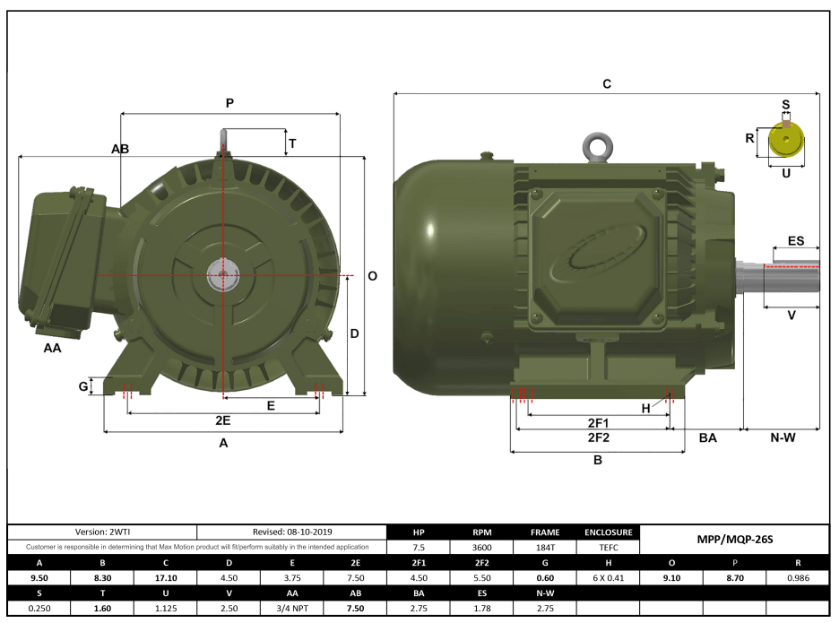T-Frame Motor 7.5HP, 3600RPM, 208-230/460V, Frame 184T, TEFC, Cast Iron | MQP-26S - Forces Inc