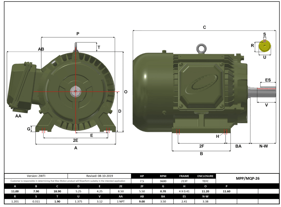 T-Frame Motor 7.5HP, 3600RPM, 575V, Frame 213T, TEFC, Cast Iron | MPP-26 - Forces Inc