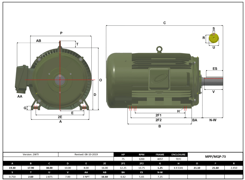 T-Frame Motor 75HP, 1200RPM, 575V, Frame 405T, TEFC, Cast Iron | MPP-73 - Forces Inc