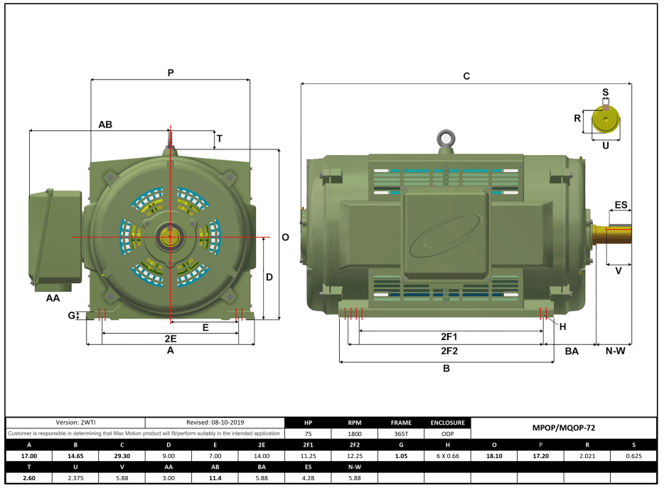 T-Frame Motor 75HP, 1800RPM, 208-230/460V, Frame 365T, ODP, Cast Iron | MQOP-72 - Forces Inc
