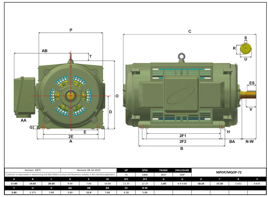 T-Frame Motor 75HP, 1800RPM, 575V, Frame 365T, ODP, Cast Iron | MPOP-72 - Forces Inc
