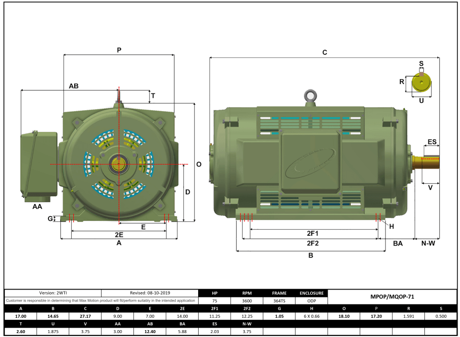 T-Frame Motor 75HP, 3600RPM, 208-230/460V, Frame 364TS, ODP, Cast Iron | MQOP-71 - Forces Inc