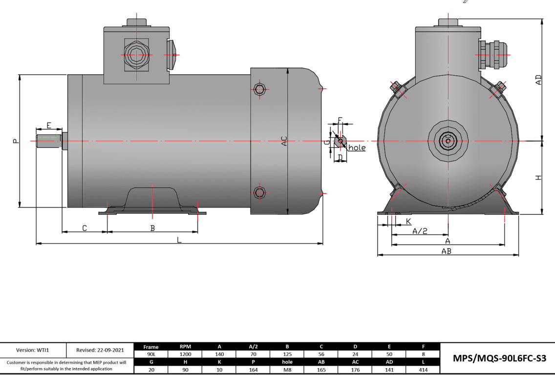 Washdown Motor 1.5HP, 1200RPM, 208-230/460V, Frame 90L, TEFC, Rigid Base | MQS-90L6FC-S3 - Forces Inc