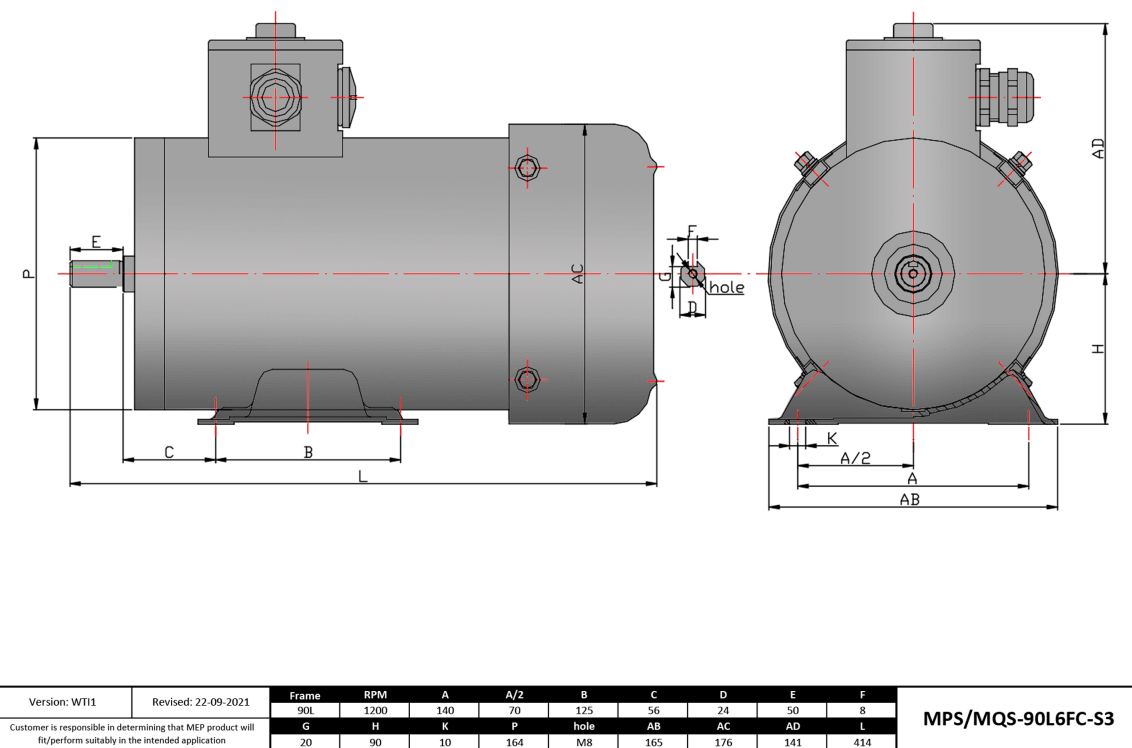 Washdown Motor 1.5HP, 1200RPM, 575V, Frame 90L, TEFC, Rigid Base | MPS-90L6FC-S3 - Forces Inc