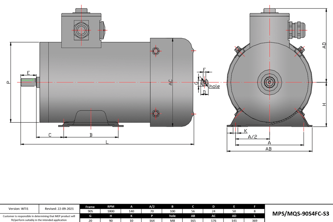 Washdown Motor 1.5HP, 1800RPM, 575V, Frame 90S, TEFC, Rigid Base | MPS-90S4FC-S3 - Forces Inc