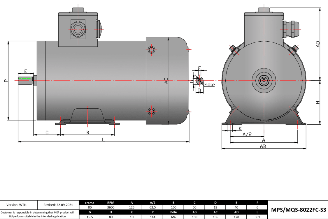 Washdown Motor 1.5HP, 3600RPM, 208-230/460V, Frame 80, TEFC, Rigid Base | MQS-8022FC-S3 - Forces Inc