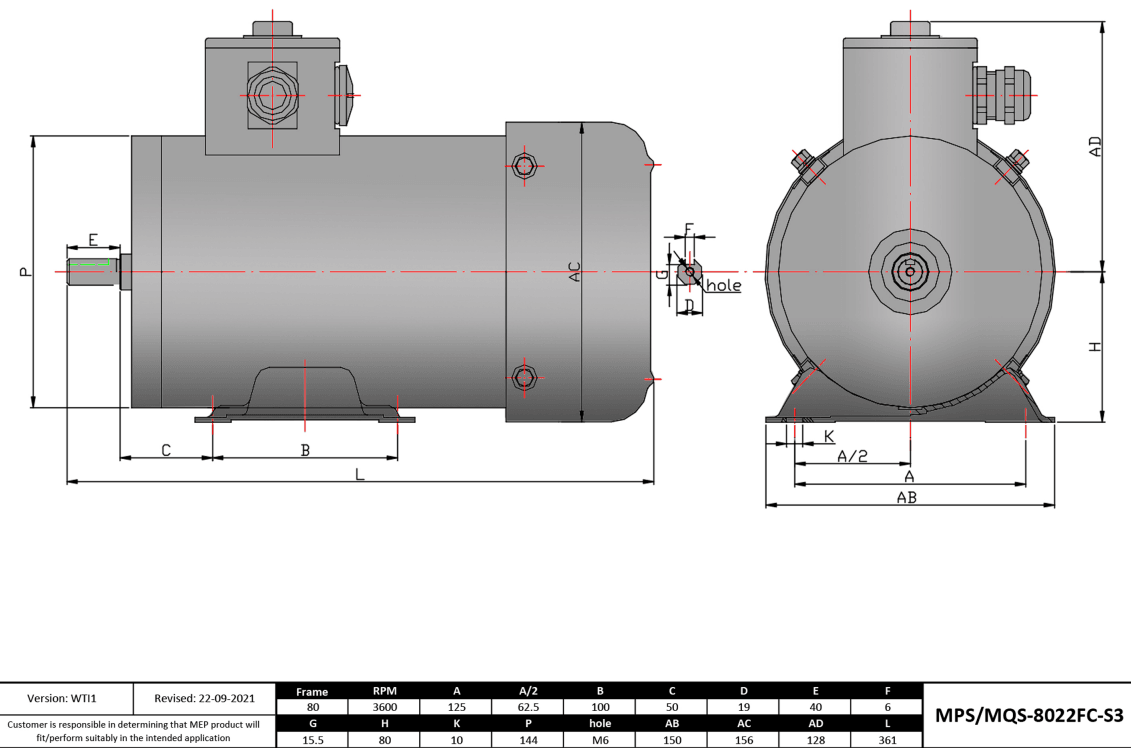 Washdown Motor 1.5HP, 3600RPM, 575V, Frame 80, TEFC, Rigid Base | MPS-8022FC-S3 - Forces Inc