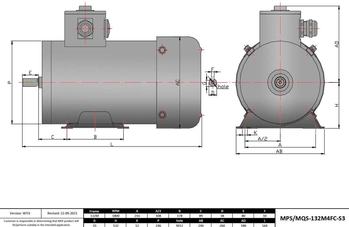 Washdown Motor 10HP, 1800RPM, 208-230/460V, Frame 132M, TEFC, Rigid Base | MQS-132M4FC-S3 - Forces Inc
