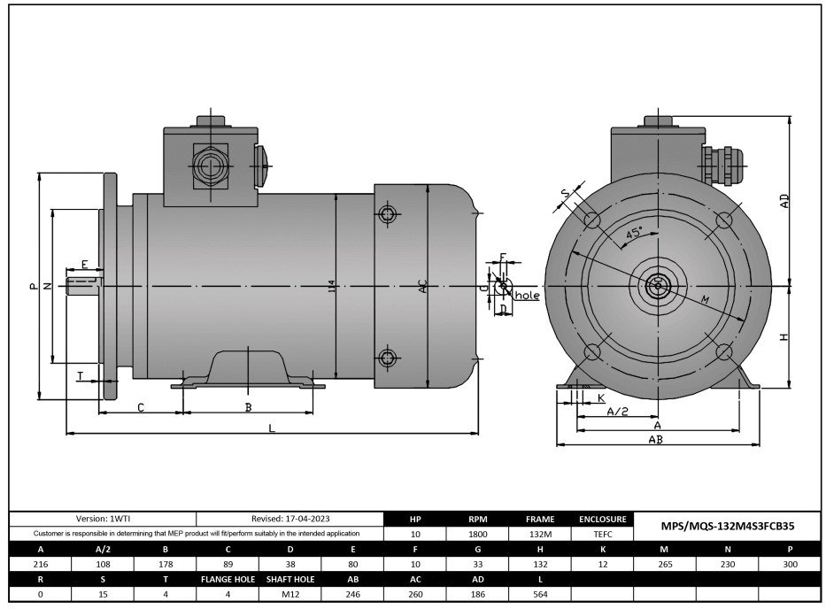 Washdown Motor 10HP, 1800RPM, 575V, Frame 132M, TEFC, Rigid Base, B5 Flange | MPS-132M4FC-S3-B35 - Forces Inc