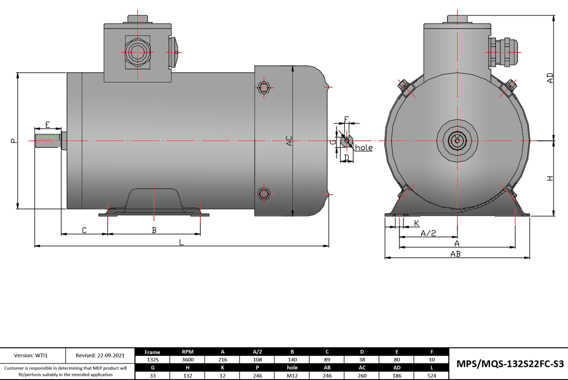Washdown Motor 10HP, 3600RPM, 208-230/460V, Frame 132S, TEFC, Rigid Base | MQS-132S22FC-S3 - Forces Inc