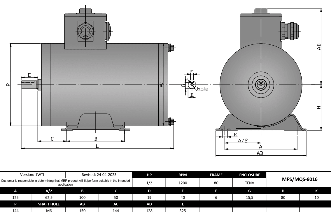 Washdown Motor 1/2HP, 1200RPM, 575V, Frame 80, TENV, Rigid Base | MPS-8016 - Forces Inc