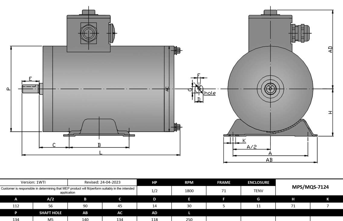 Washdown Motor 1/2HP, 1800RPM, 208-230/460V, Frame 71, TENV, Rigid Base | MQS-7124 - Forces Inc
