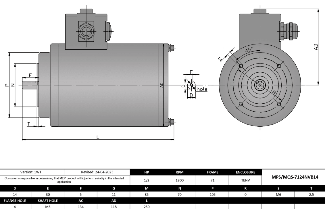 Washdown Motor 1/2HP, 1800RPM, 208-230/460V, Frame 71, TENV, Round Body, B14 Flange | MQS-7124NVB14 - Forces Inc