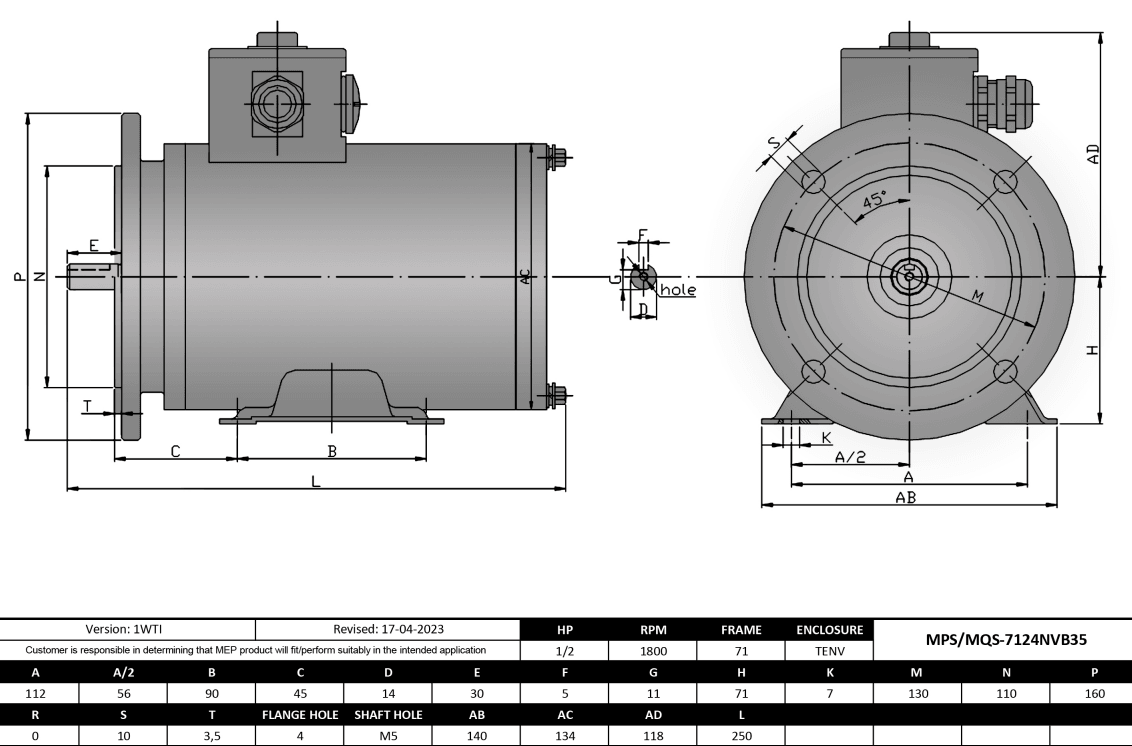 Washdown Motor 1/2HP, 1800RPM, 208-230/460V, Frame 71, TENV, Round Body, B5 Flange | MQS-7124NVB5 - Forces Inc