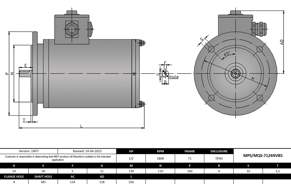 Washdown Motor 1/2HP, 1800RPM, 575V, Frame 71, TENV, Round Body, B5 Flange | MPS-7124NVB5 - Forces Inc