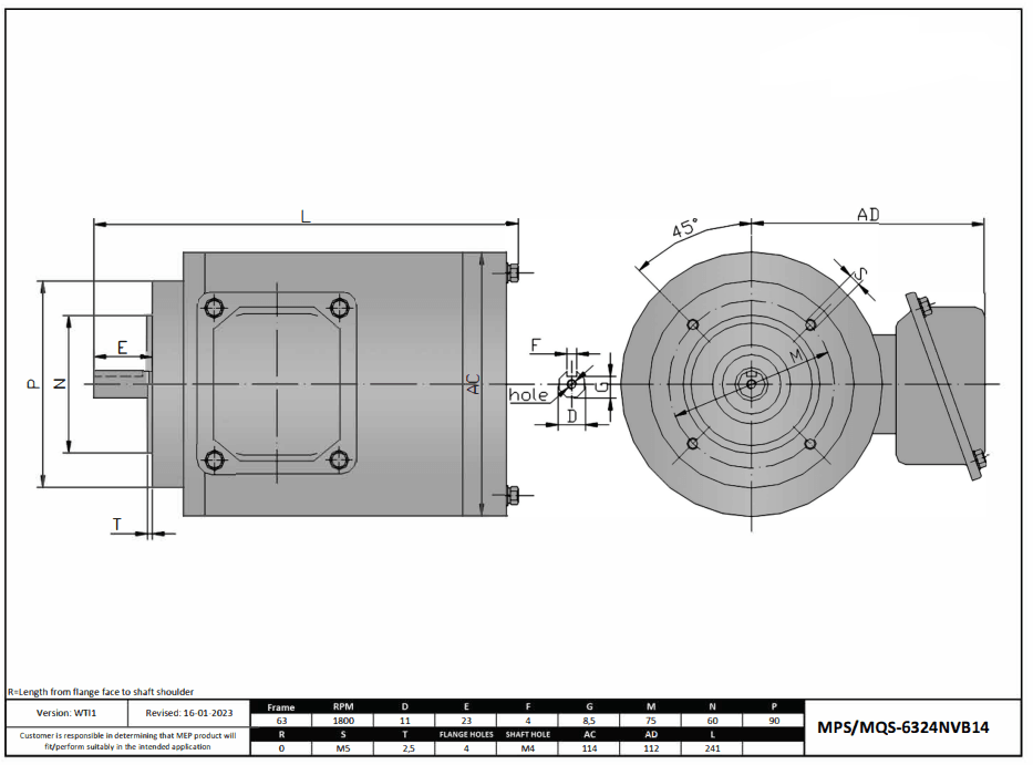 Washdown Motor 1/4HP, 1800RPM, 208-230/460V, Frame 63, TENV, Round Body, B14 Flange | MQS-6324NVB14 - Forces Inc